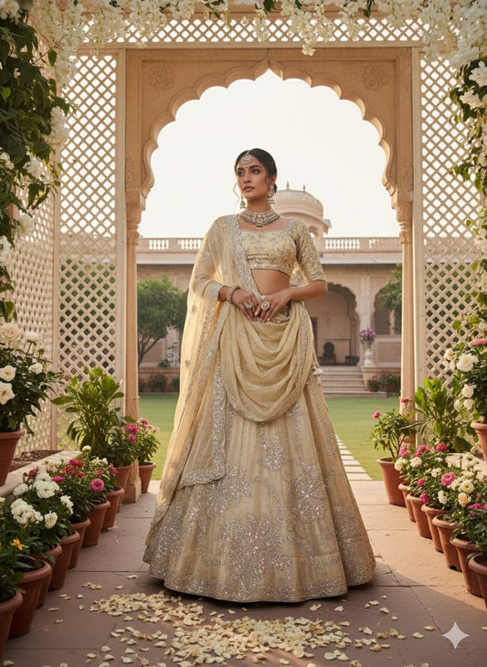 Champagne Gold Embroidered Silk Lehenga Set
