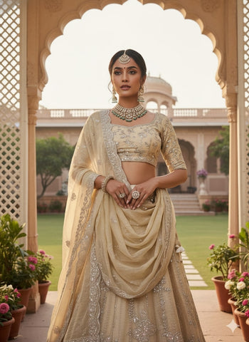 Champagne Gold Embroidered Silk Lehenga Set