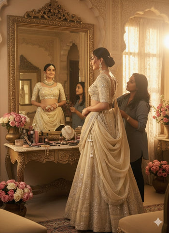 Champagne Gold Embroidered Silk Lehenga Set