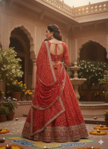 Crimson Red Bandhani Print Silk Lehenga with Gota Patti Work
