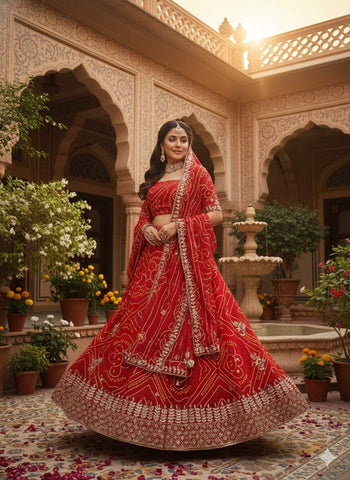 Crimson Red Bandhani Print Silk Lehenga with Gota Patti Work
