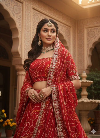 Crimson Red Bandhani Print Silk Lehenga with Gota Patti Work