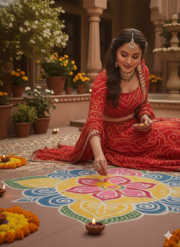 Crimson Red Bandhani Print Silk Lehenga with Gota Patti Work