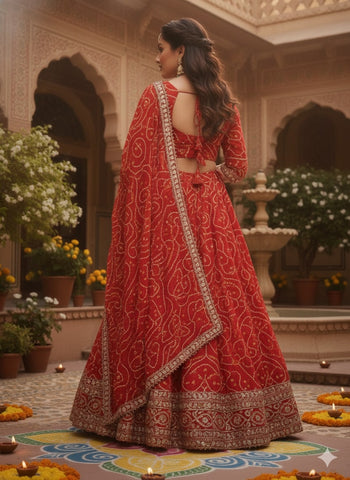 Crimson Red Bandhani Print Silk Lehenga with Gota Patti Work