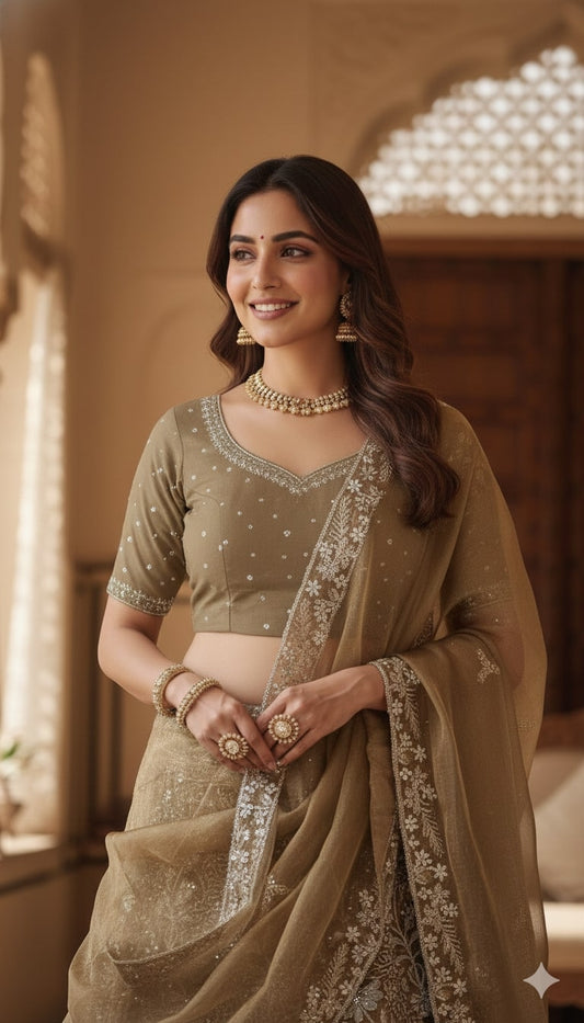 Bronze Metallic Floral Embroidered Silk Lehenga Set