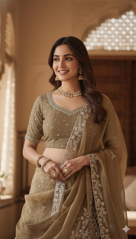 Bronze Metallic Floral Embroidered Silk Lehenga Set