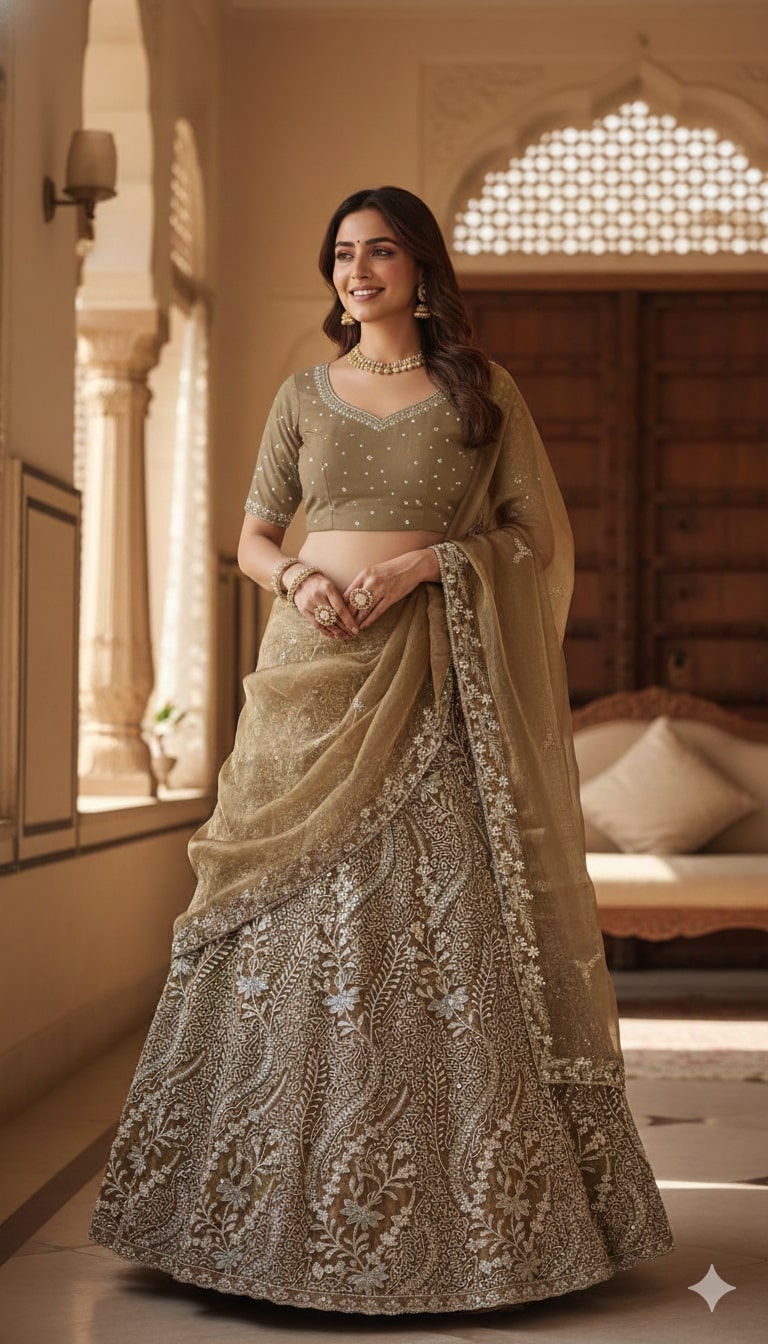 Bronze Metallic Floral Embroidered Silk Lehenga Set