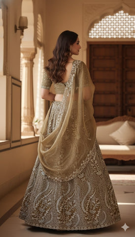 Bronze Metallic Floral Embroidered Silk Lehenga Set