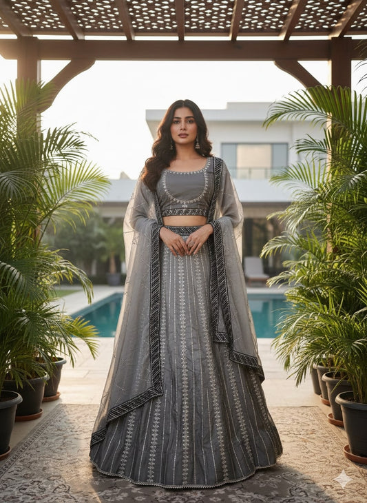 Charcoal Grey & Silver-Toned Embroidered Lehenga Choli with Dupatta