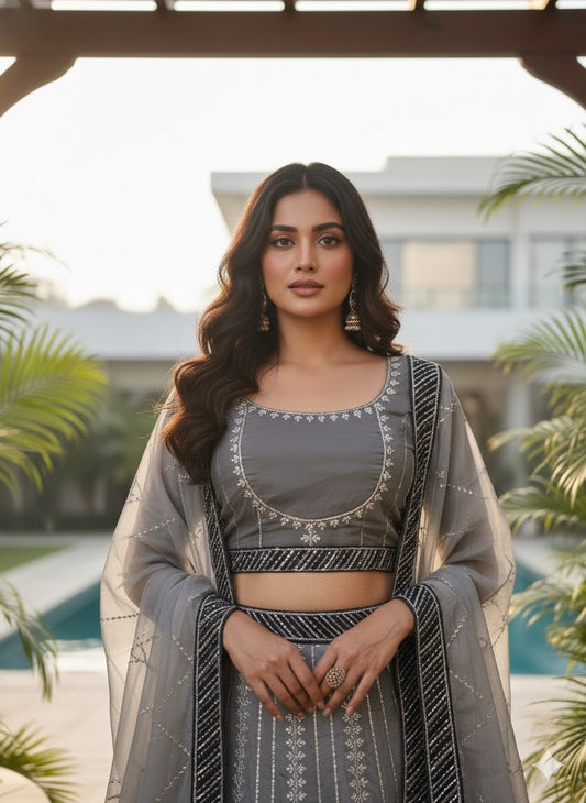 Charcoal Grey & Silver-Toned Embroidered Lehenga Choli with Dupatta