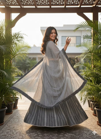 Charcoal Grey & Silver-Toned Embroidered Lehenga Choli with Dupatta