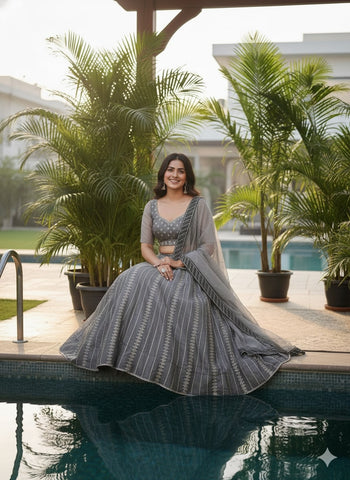 Charcoal Grey & Silver-Toned Embroidered Lehenga Choli with Dupatta