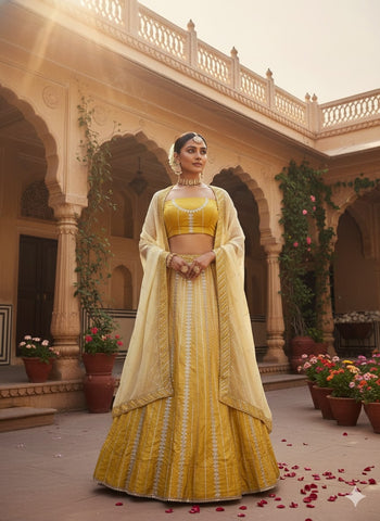 Marigold Yellow Silk Lehenga with Vertical Zari Stripes