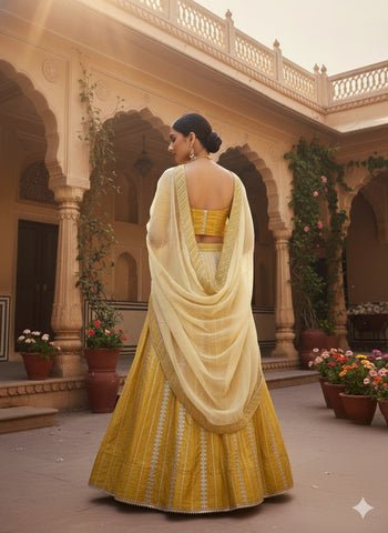 Marigold Yellow Silk Lehenga with Vertical Zari Stripes