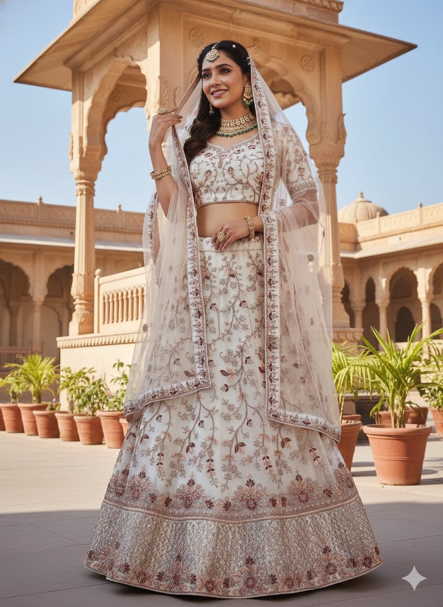 Ivory Embroidered Net Lehenga Choli with Sheer Dupatta