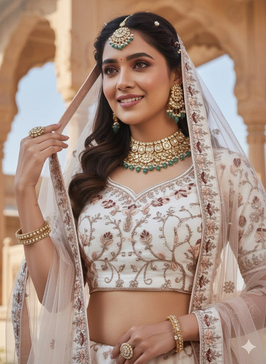 Ivory Embroidered Net Lehenga Choli with Sheer Dupatta