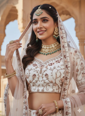 Ivory Embroidered Net Lehenga Choli with Sheer Dupatta