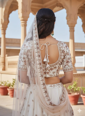 Ivory Embroidered Net Lehenga Choli with Sheer Dupatta