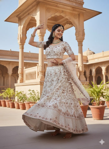Ivory Embroidered Net Lehenga Choli with Sheer Dupatta