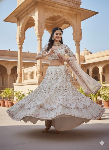 Ivory Embroidered Net Lehenga Choli with Sheer Dupatta