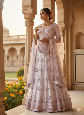 Soft Lilac Embroidered Net Lehenga Choli with Dupatta