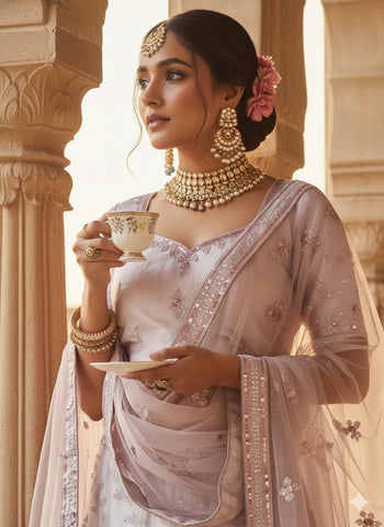 Soft Lilac Embroidered Net Lehenga Choli with Dupatta