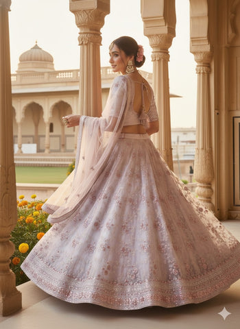 Soft Lilac Embroidered Net Lehenga Choli with Dupatta