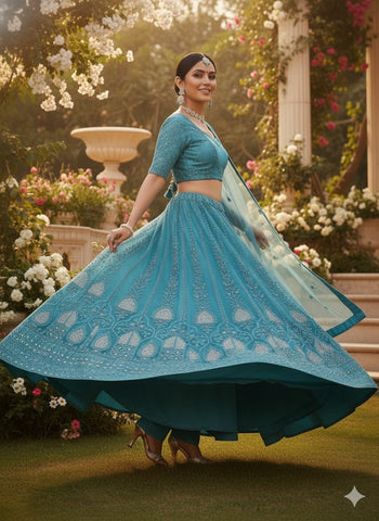 Teal Blue Lehenga Choli for Wedding | Designer Teal Blue Bridal Lehenga Online | Indi Inside