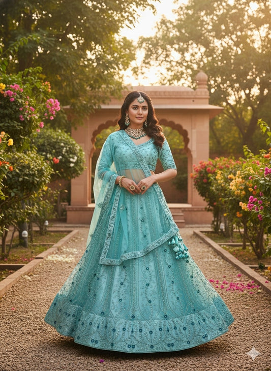 Mint Green Embroidered Net Lehenga Choli with Dupatta
