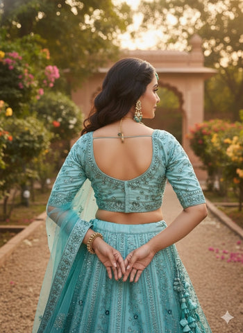 Mint Green Embroidered Net Lehenga Choli with Dupatta