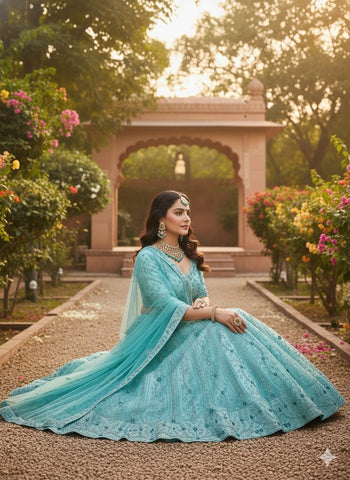 Mint Green Embroidered Net Lehenga Choli with Dupatta