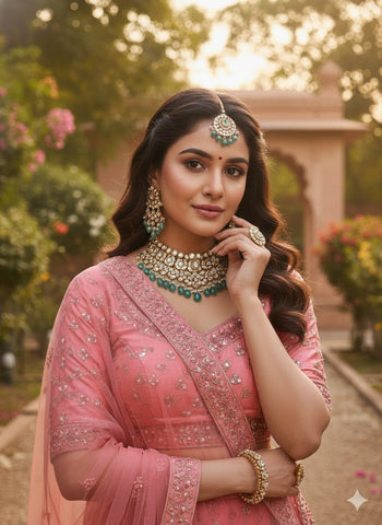 Coral Pink Embroidered Net Lehenga Choli with Dupatta