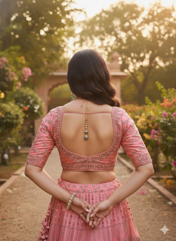 Coral Pink Embroidered Net Lehenga Choli with Dupatta