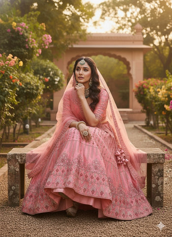 Coral Pink Embroidered Net Lehenga Choli with Dupatta
