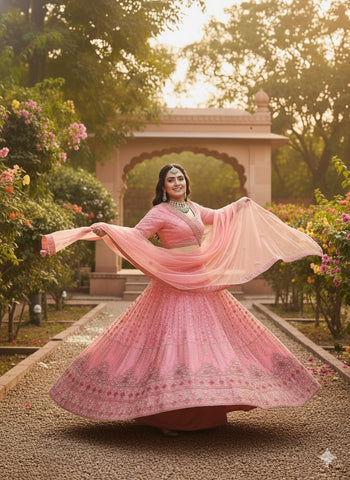 Coral Pink Embroidered Net Lehenga Choli with Dupatta