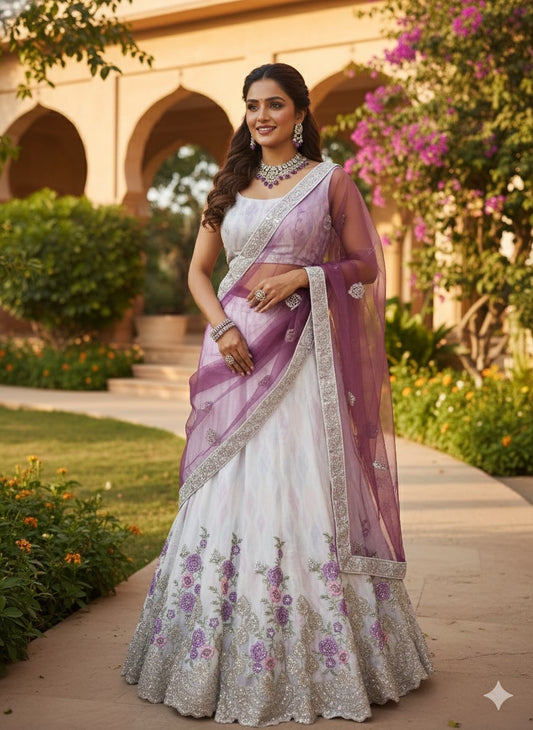 White & Lavender Embroidered Lehenga Choli with Sheer Dupatta