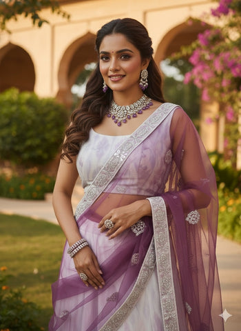 White & Lavender Embroidered Lehenga Choli with Sheer Dupatta