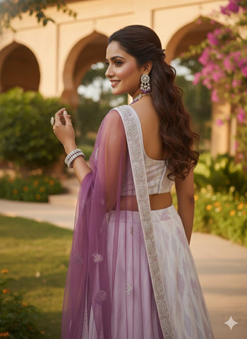 White & Lavender Embroidered Lehenga Choli with Sheer Dupatta
