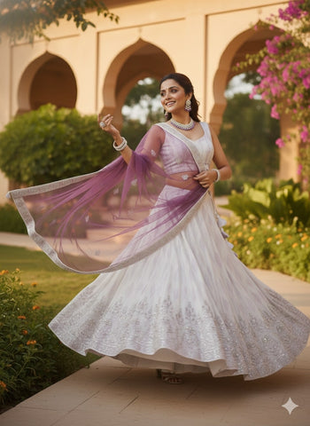White & Lavender Embroidered Lehenga Choli with Sheer Dupatta