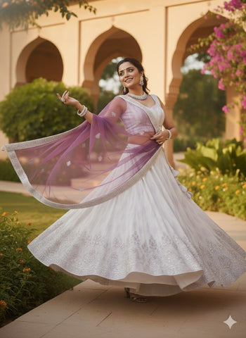 White & Lavender Embroidered Lehenga Choli with Sheer Dupatta