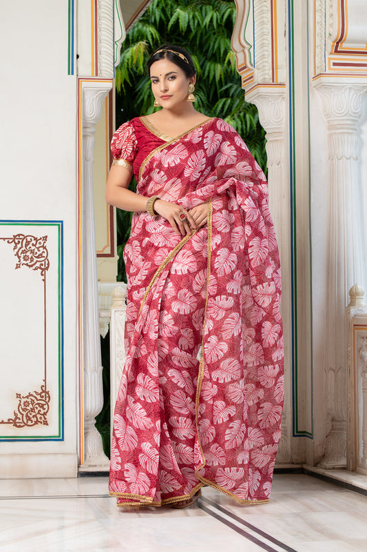 Leaf Print Saree 133-RED