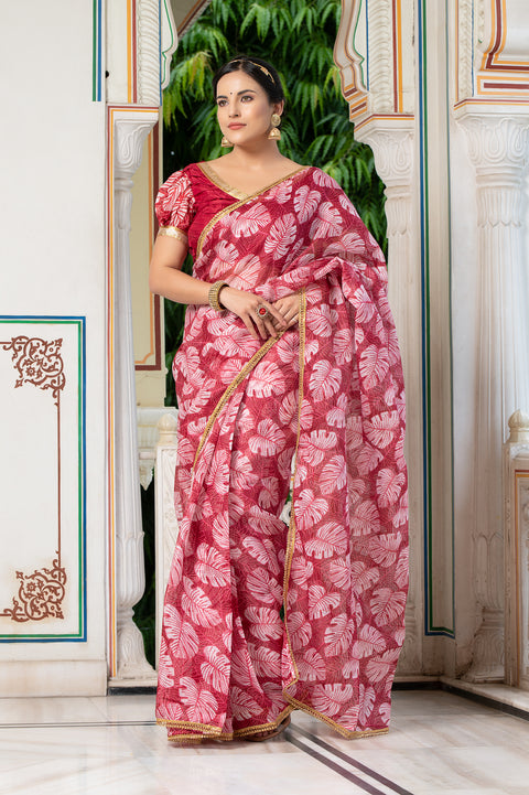 Leaf Print Saree 133-RED