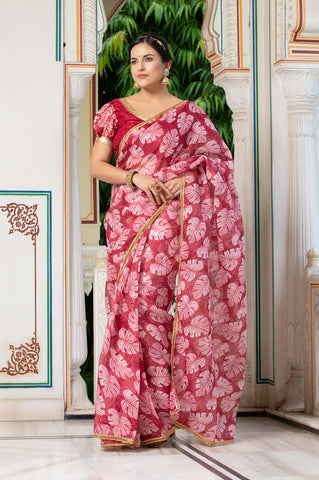 Leaf Print Saree 133-RED