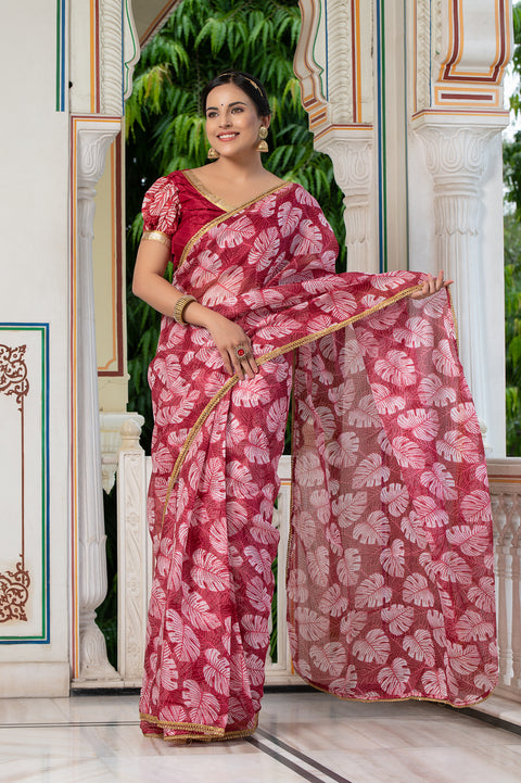 Leaf Print Saree 133-RED