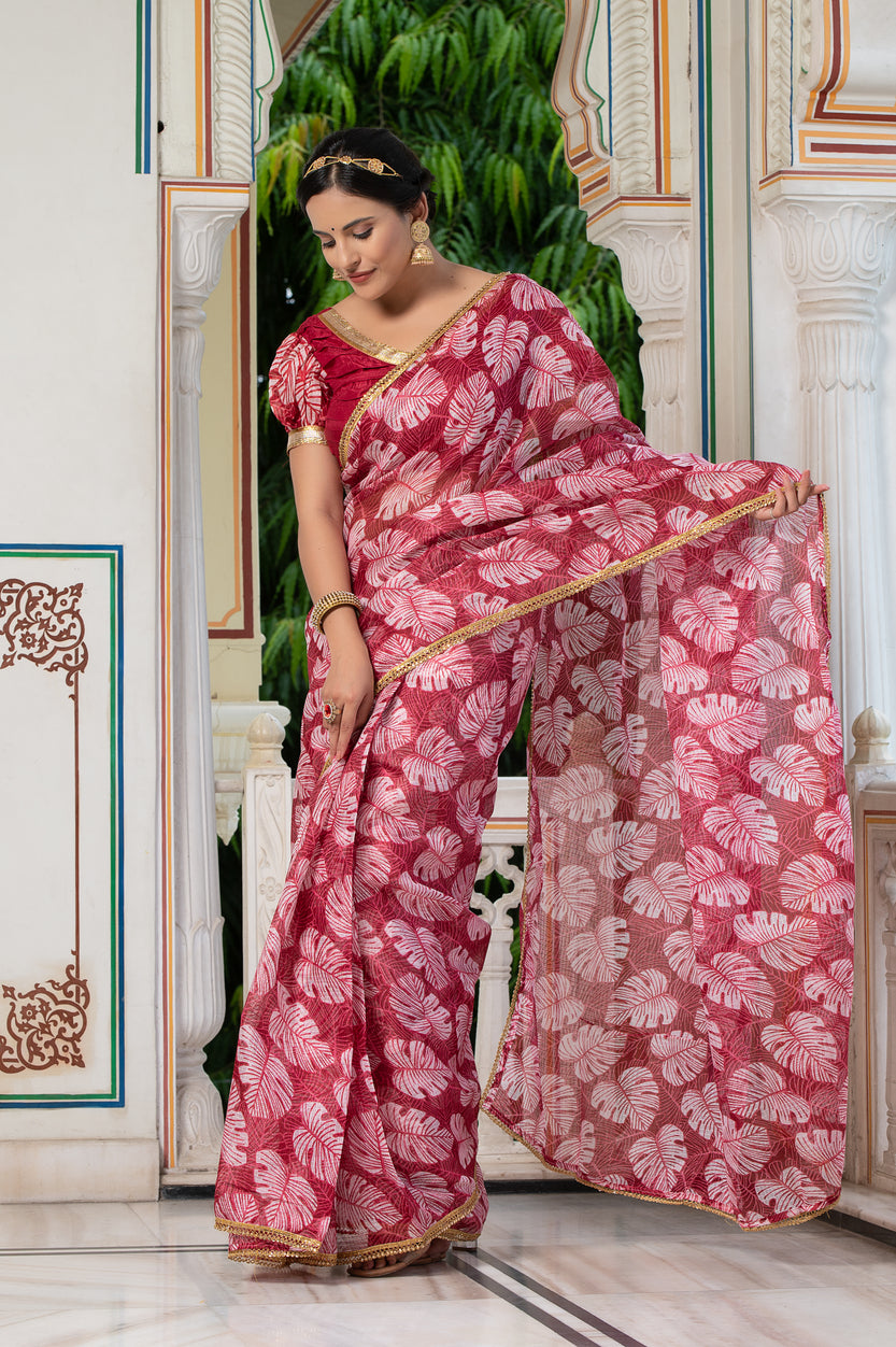 Leaf Print Saree 133-RED