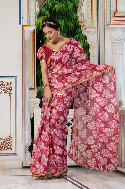 Leaf Print Saree 133-RED