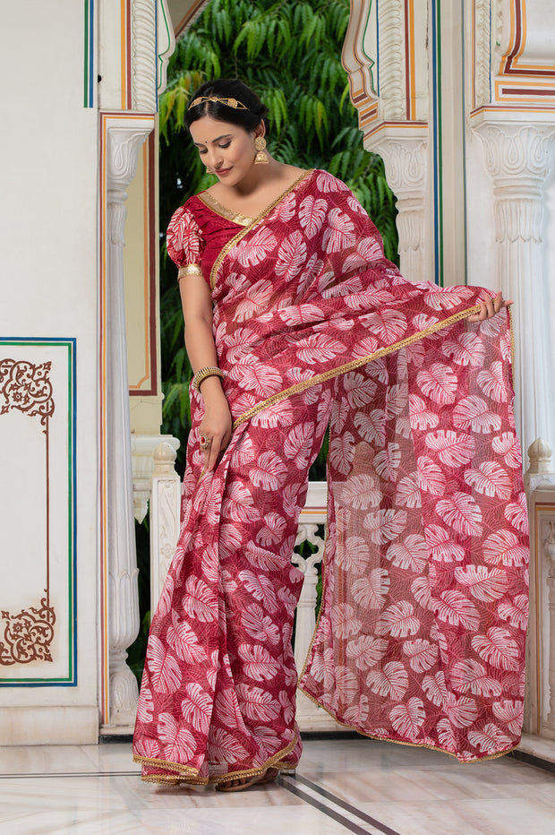 Leaf Print Saree 133-RED