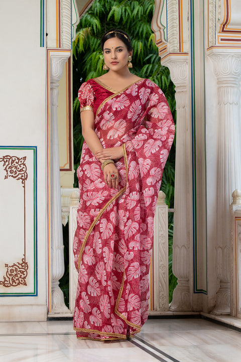 Leaf Print Saree 133-RED