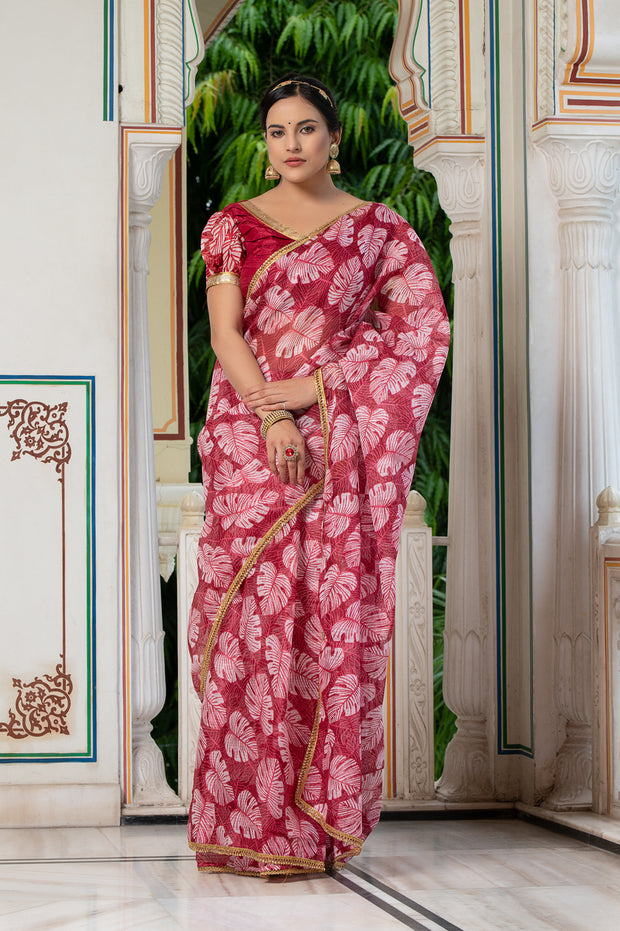Leaf Print Saree 133-RED