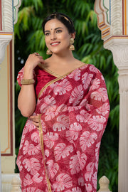 Leaf Print Saree 133-RED